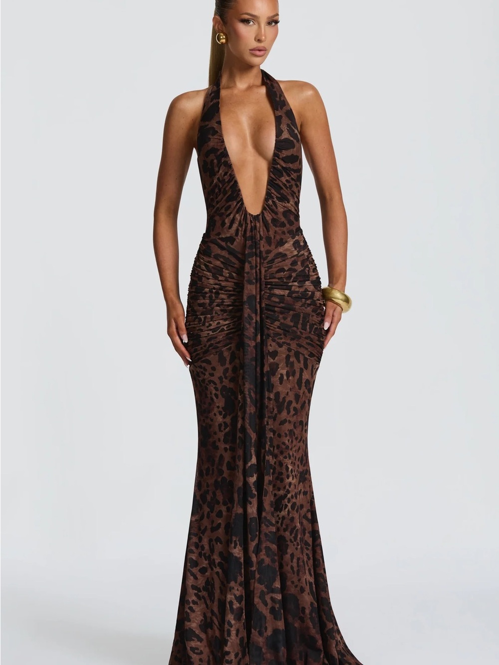 Deep V Halter Leopard Print Brown Evening Gown